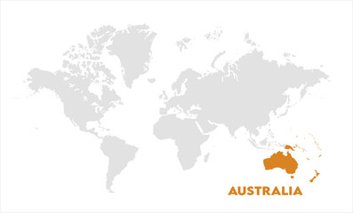 Australia in world map-04, Map of Australia, highlighted on the world map, Australia on the world map, Satellite view, Australia location on the globe.