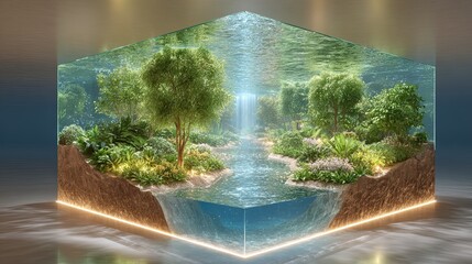 Below-ground drainage system, A serene digital landscape showcasing lush greenery and water. Below-ground drainage systems for infrastructure and landscape