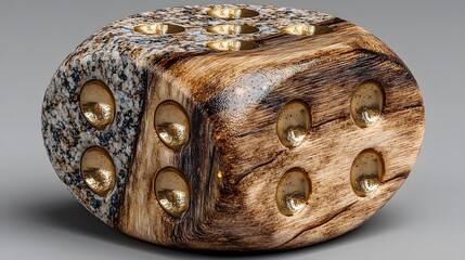 Close up of a unique dice made of wood and stone with golden dots on a gray gradient background