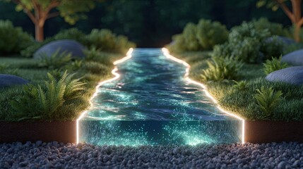 Below-ground drainage system, A serene stream illuminated by glowing edges in a lush setting. Below-ground drainage systems for infrastructure and landscape