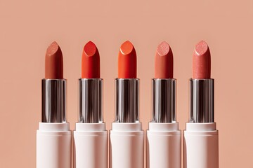 Five lipstick shades, in various warm tones of orange-red and peach, arranged in a row against a peach background.  The lipsticks have sleek, metallic silver caps and white lipstick tubes