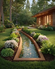 Below-ground drainage system, Beautiful garden with a scenic water feature and vibrant flowers. Below-ground drainage systems for infrastructure and landscape