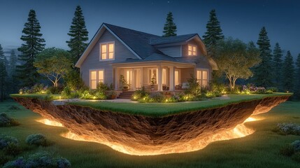 Below-ground drainage system, A surreal floating house illuminated by a glowing landscape. Below-ground drainage systems for infrastructure and landscape