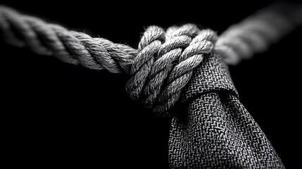 Close up of a knotted rope with fabric in monochrome against a dark black background studio shot