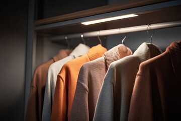 Clothes hanging on a closet rod, lit by a subtle overhead light.  Warm tones