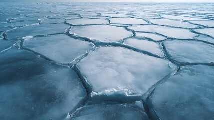 Aerial view of ice floes forming geometric patterns on the surface of a frozen body of water