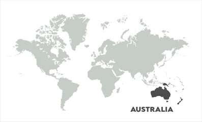 Minimalist Australia map-05, Map of Australia, highlighted on the world map, Australia on the world map, Satellite view, Australia location on the globe.