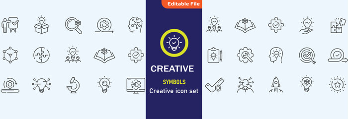 Creative idea line icon set. Innovation, lightbulb, solution, inspiration etc. Editable stroke