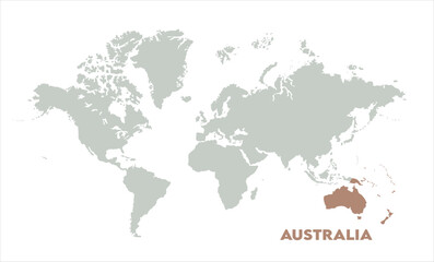 Minimalist Australia map-07, Map of Australia, highlighted on the world map, Australia on the world map, Satellite view, Australia location on the globe.