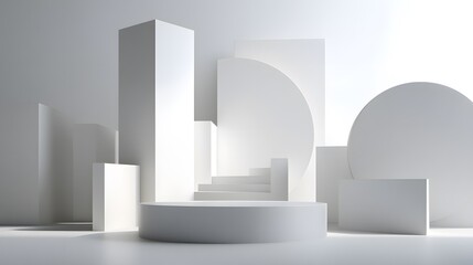 Geometric shapes in white minimalist style with podium and stairs for product presentation backdrop