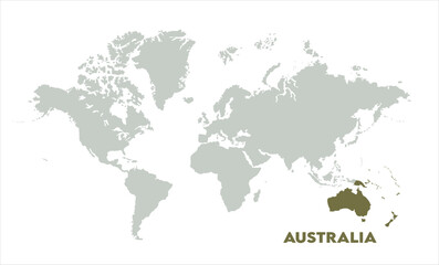 Minimalist Australia map-06, Map of Australia, highlighted on the world map, Australia on the world map, Satellite view, Australia location on the globe.