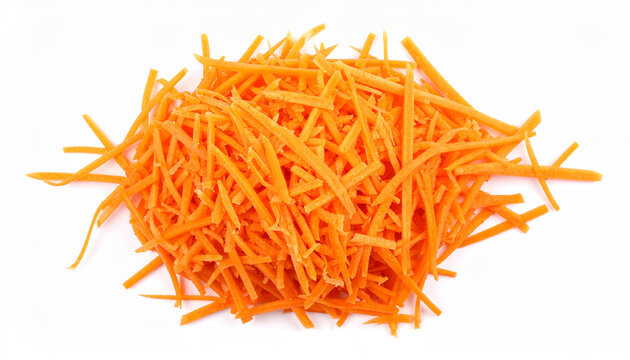 Heap of vibrant shredded carrots. Tasty and healthy vegetable. Organic and fresh product. Isolated