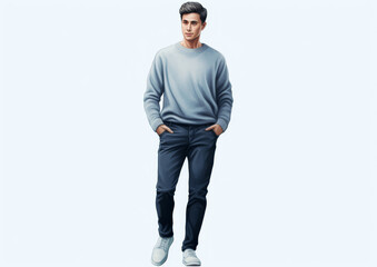 Young man walking casually in a gray sweater and jeans against a light background