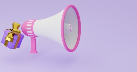 Pink Megaphone with Golden Ribbon Gift Box floating on Purple background surprise gift alert, marketing banner, special discount theme 3D Render