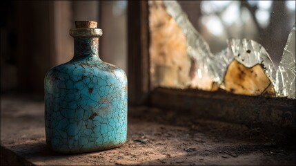 A turquoise bottle with a cork stopper sits on a windowsill next to a broken glass window pane