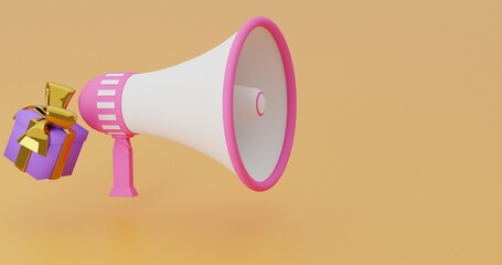 Pink Megaphone with Golden Ribbon Gift Box floating on Yellow background cheerful sale announcement, gift campaign, vibrant promo design 3D Render