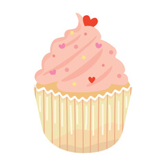 A strawberry cupcake with hearts and sprinkles. 