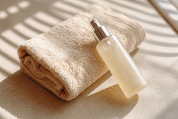 Light beige towel and spray bottle on a countertop, sunlit