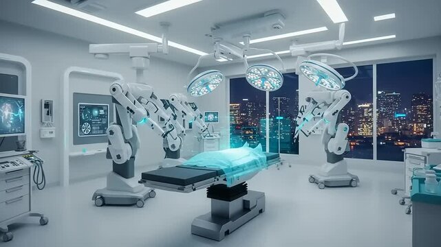 Futuristic surgical room with robotic arms assisting in a procedure, city skyline visible at night
