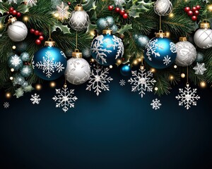Festive garland of pine, holly, and ornaments in blue and silver, with snowflakes against a dark blue background, ideal for holiday cards or banners