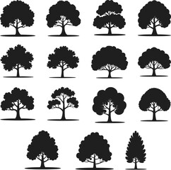 Extensive Deciduous Tree Silhouettes Collection: Varied Broadleaf Tree Designs for Nature, Forest, Park, and Landscape Graphic Elements