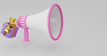 Pink Megaphone with Golden Ribbon Gift Box floating on White background clean festive announcement, product promotion, seasonal campaign 3D Render