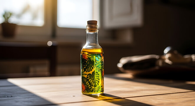 Golden elixir in a tropical decorated bottle, sunlight enhancing its vibrant colors and patterns.
