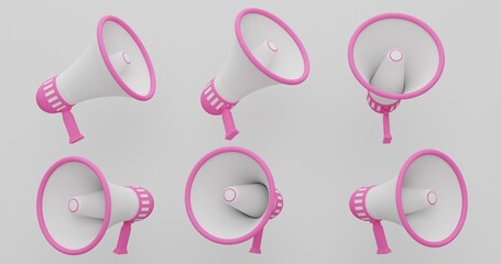 Pink Megaphone Collection Floating on Soft Background, Modern Loudspeakers for Marketing and Announcement Use, Communication Concept for Promotions and Public Alerts, 3D Render