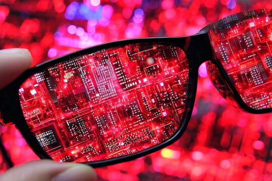 Glasses show circuit board tech overlay vision