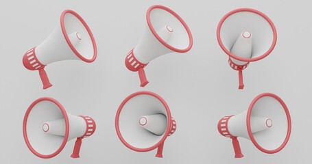 Red Megaphone Set Viewed from Different Angles, Communication Devices for Public Speaking and Promotions, Attention-Grabbing Design for Marketing Materials, 3D Render