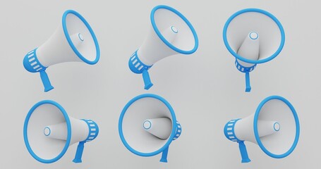 Sky Blue Megaphone Design Arranged in a Grid Layout, Promotional Speaker Tools for Announcements and Media Messages, Perfect for Creative Campaigns and Branding, 3D Render
