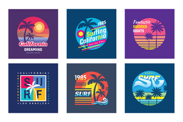 Summer vacations travel logo set graphic design. Logo in vintage style for t-shirt design. Summer, sun, palm tree, sea wave. Vector illustration.	
