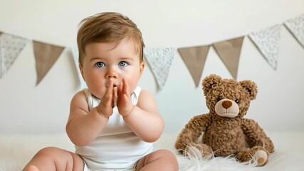 Cute baby sitting happily next to a teddy bear in a warm, inviting indoor space with cheerful bunting decorations