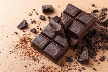 Broken dark chocolate bar with pieces scattered