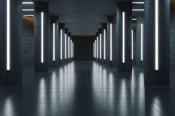 Dark, futuristic corridor with glowing lights