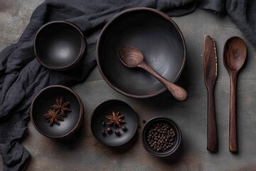Dark, wooden tableware and spices on a textured surface