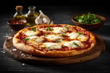 Round pizza with melted mozzarella and basil