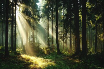 Sunlight streams through misty forest