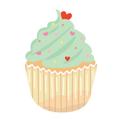 A mint cupcake with hearts and sprinkles. 