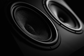 Close-up of two black audio speakers with a textured surface in dramatic lighting