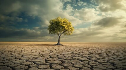 A solitary tree stands resilient on cracked earth under a dramatic sky, symbolizing hope in adversity