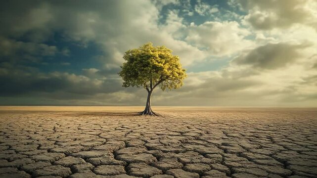 A solitary tree stands resilient on cracked earth under a dramatic sky, symbolizing hope in adversity
