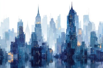 Misty city skyline, stylized buildings
