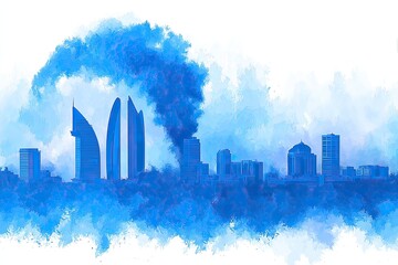 Watercolor cityscape, blue tones