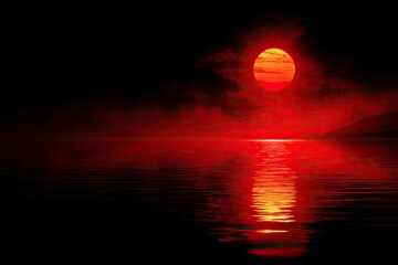 Fiery red sunset over a dark, still lake