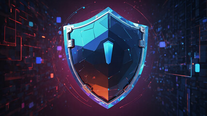 3D low poly illustration of cybersecurity concept with shield, padlock, and data blocks on a tech background. Futuristic, clean, and vibrant.