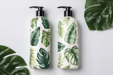 Two white pump bottles, decorated with vibrant tropical leaves, on a white background with green leaves
