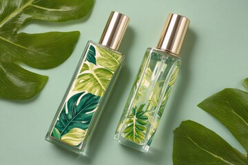 Two perfume bottles with tropical leaf designs, surrounded by lush green leaves on a mint-green background