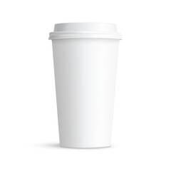 Blank Tall Coffee Cup Mockup With White Plastic Cap, Front View, Isolated On White Background. Vector Illustration
