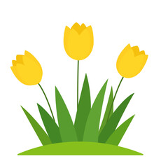 Cartoon Flat Three Yellow Flowers In Green Grass, Isolated On White Background. Vector Illustration